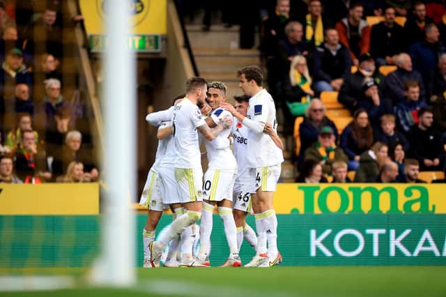 NORWICH, ENGLAND - OCTOBER 31: Rodrigo of Leeds United celebrates after scoring their side's second goal during the Premier League match between Norwich City and Leeds United at Carrow Road on October 31, 2021 in Norwich, England. (Photo by Stephen Pond/Getty Images)