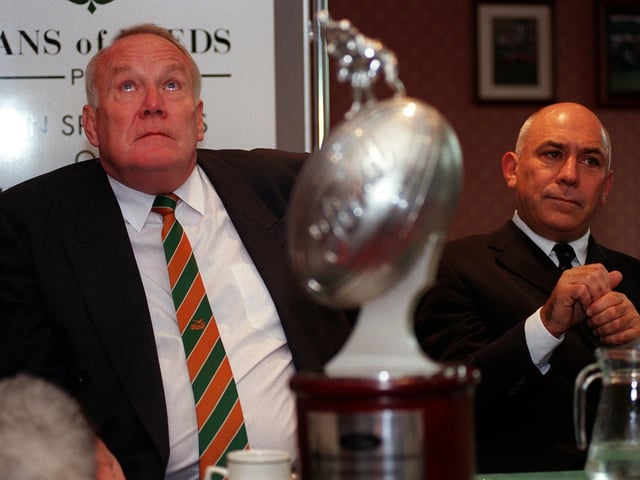 Grahame Liles, left, chairman of Hunslet Rugby League Club, with Jeff Wine, chair of Bramley Rugby League Club, at a press conference to announce the merger of the two clubs in October 1999.