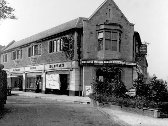 Corner House on Harrogate Road pictured in September 1937.  The core of the this building was a ballroom, other facilities included a lounge, squash court and cafe. Under the cafe open sign is a board advertising special price meals. Plaice and chips with bread, butter and tea, followed by a cake cost 2/- (10p).