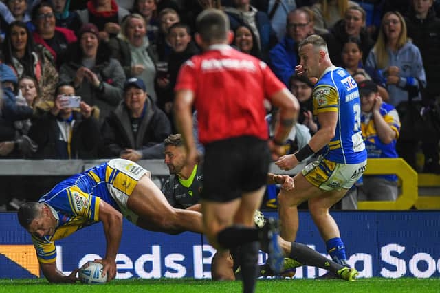 Ryan Hall scored a spectacular try for Leeds Rhinos against Catalans Dragons, but it wasn't enough. Picture by Jonathan Gawthorpe.