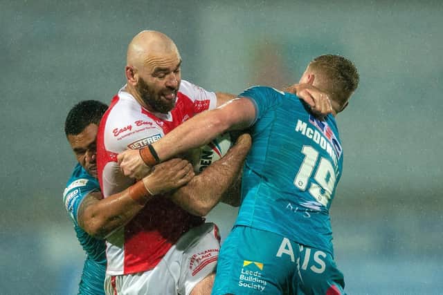 James McDonnell, pictured tackling Hull KR's Kane Linnett, has been the pick of Rhinos' signings, according to Jury member Sam Brocksom. Picture by Bruce Rollinson.