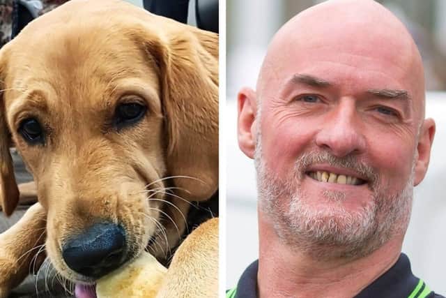 Guide Dogs trainee pup Ralph and Dean Chew of Ovenu Leeds Northwest