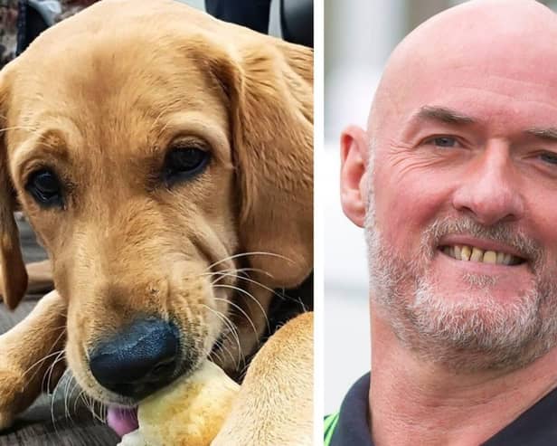 Guide Dogs trainee pup Ralph and Dean Chew of Ovenu Leeds Northwest