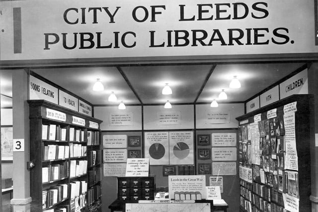 November 1923 and in focus is a Leeds Libraries exhibition stand promoting books on health. The front of the display has a map giving locations of branch libraries. Also on display is recently published 'Leeds in The Great War', notice states that subscription copies may be ordered for £1.1- (£1.5p).