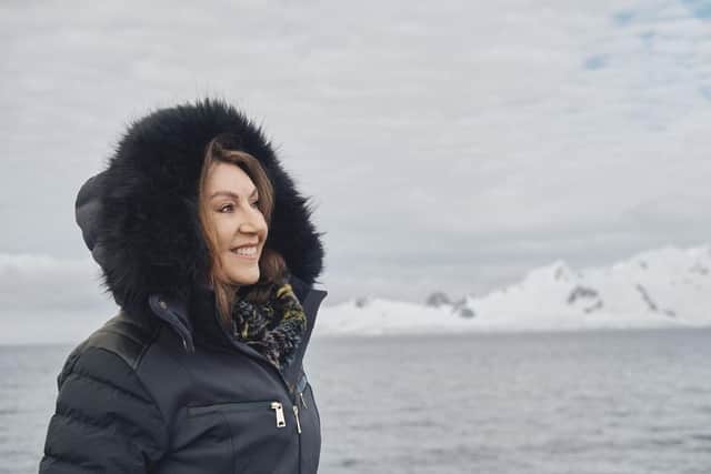 Jane McDonald on a boat in Antarctica. (Pic credit: Channel 5)