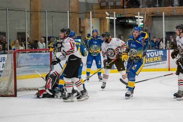 SETTING THE TONE: Zach Brooks - seen scoring Leeds Knights' second goal against Basingstoke at home on Sunday - led by example for the home team from the very first opuck drop. Picture courtesy of Anna Alarie