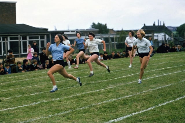 The finish of the 4th Year Girl's 100 yards race in July 1969.