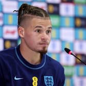 DOHA, QATAR - DECEMBER 08: Kalvin Phillips speaks during an England press conference at Al Wakrah SC Stadium on December 08, 2022 in Doha, Qatar. (Photo by Alex Pantling/Getty Images)