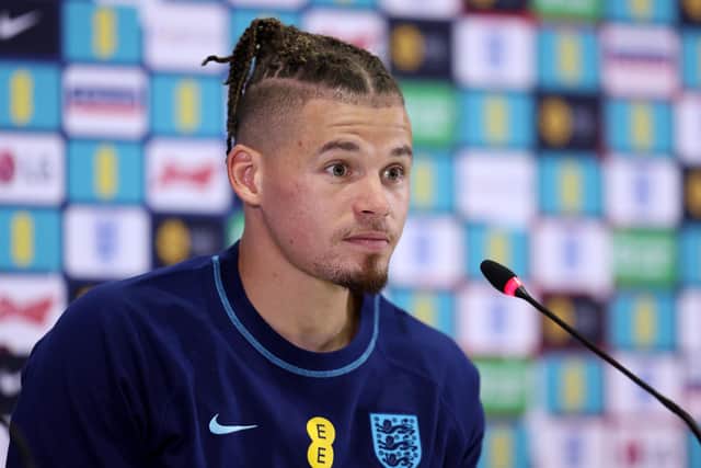 DOHA, QATAR - DECEMBER 08: Kalvin Phillips speaks during an England press conference at Al Wakrah SC Stadium on December 08, 2022 in Doha, Qatar. (Photo by Alex Pantling/Getty Images)