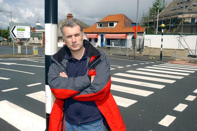 Road safety campaigner David Beckwith, next to a zebra crossing in Guiseley, which he had re-painted in May 2003.