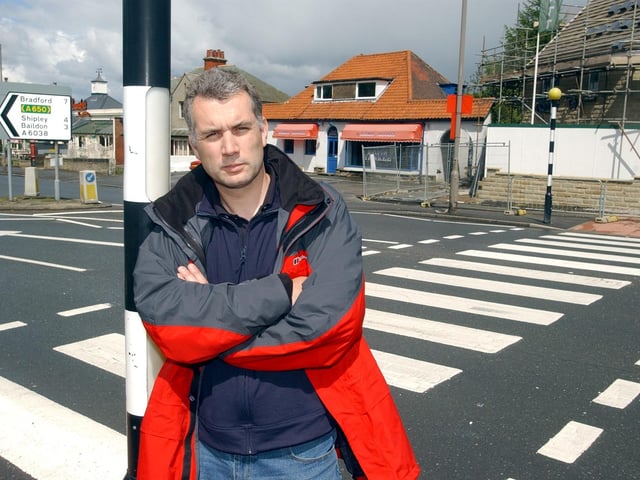 Road safety campaigner David Beckwith, next to a zebra crossing in Guiseley, which he had re-painted in May 2003.