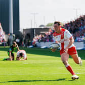 Man of the match Jack Broadbent scores for Hull KR in their Challenge Cup semi-final defeat of Catalans Dragons. Picture by Alex Whitehead/SWpix.com.