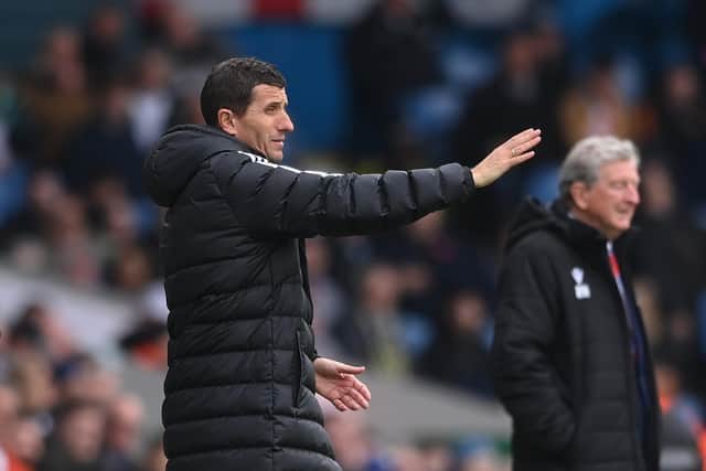 LEEDS, ENGLAND - APRIL 09: Leeds head coach Javi Gracia reacts on the sidelines during the Premier League match between Leeds United and Crystal Palace at Elland Road on April 09, 2023 in Leeds, England. (Photo by Stu Forster/Getty Images)