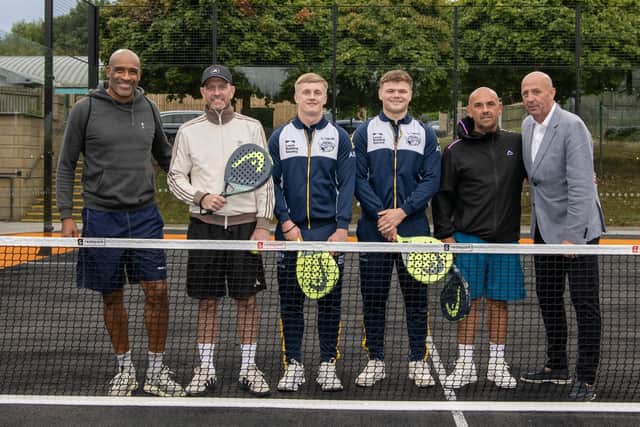 Former Leeds United footballers Brian Deane, Lee Sharpe and Gary MacAllister (right) with Leeds Rhinos first team players Alfie Edgehill and Tom Nicholson-Watton, and former European Tour golfer Simon Hurd at the opening of the new Padel courts at David Lloyd Leeds. (Picture: Tony Johnson)