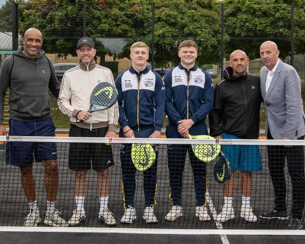 Former Leeds United footballers Brian Deane, Lee Sharpe and Gary MacAllister (right) with Leeds Rhinos first team players Alfie Edgehill and Tom Nicholson-Watton, and former European Tour golfer Simon Hurd at the opening of the new Padel courts at David Lloyd Leeds. (Picture: Tony Johnson)