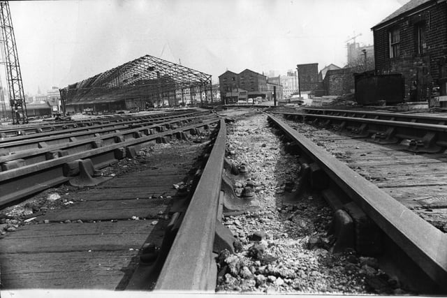 The end of the line for the railway track that runs off into the derelict railway sidings at Leeds Central Station in April 1974.