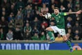 BELFAST, NORTHERN IRELAND - MARCH 29: Stuart Dallas of Northern Ireland during the international friendly match between Northern Ireland and Hungary at Windsor Park on March 29, 2022 in Belfast, United Kingdom. (Photo by Charles McQuillan/Getty Images)