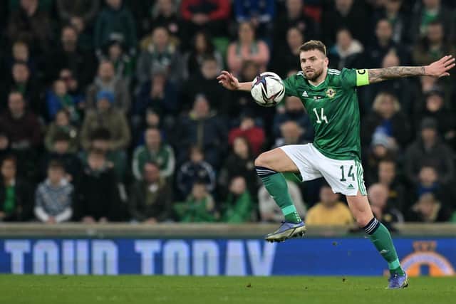 BELFAST, NORTHERN IRELAND - MARCH 29: Stuart Dallas of Northern Ireland during the international friendly match between Northern Ireland and Hungary at Windsor Park on March 29, 2022 in Belfast, United Kingdom. (Photo by Charles McQuillan/Getty Images)