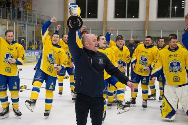 CHAMPIONS: Head coach Ryan Aldridge (centre) leads the celebrations as Leeds Knights win the NIHL National league title for the second year running. Picture courtesy of Jacob Lowe/Knights Media.