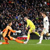 WHITES HISTORY: For Sergi Canos, top, pictured netting against Leeds United for Brentford in the 2-2 Premier League clash draw at Elland Road of December 2021. Photo by George Wood/Getty Images.