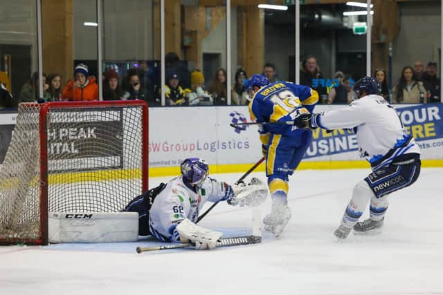 SO CLOSE: Bristol Pitbulls goaltender Tyler Perre denies Leeds Knights' Kieran Brown, the home team's captain reaching 100 points for the season with four assists on the night during the 8-1 win at Elland Road Ice Arena. Picture courtesy of John Victor.