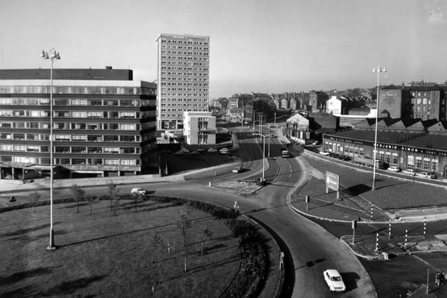 A view of Westgate roundabout and junction of new inner ring road on right from police headquarters in November 1966.