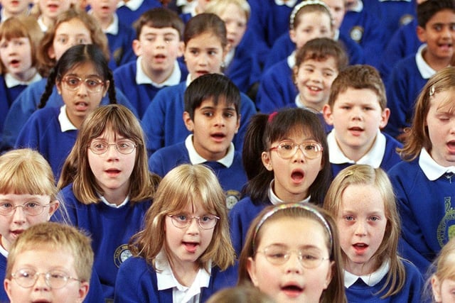 Pupils of Talbot Primary Schoo were singing songs for Kosovo in June 1999.