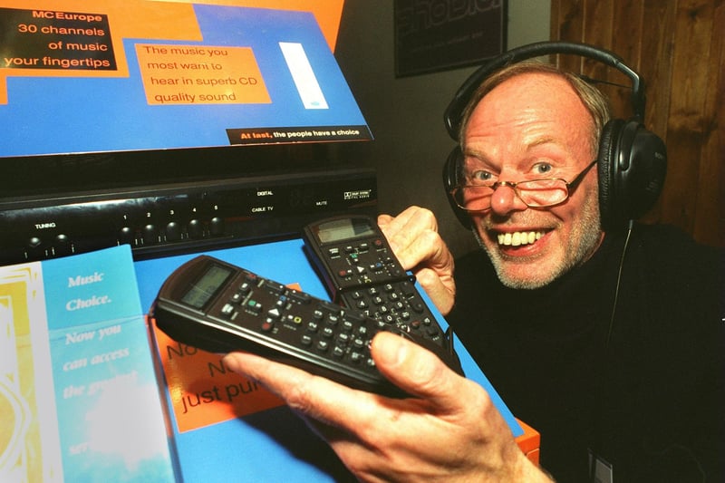 DJ 'whispering' Bob Harris launches Bell Cable Media's music choice system at the Leeds Town & Country Club in October 1995.