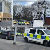Police pictured at the scene on Elland Road, outside Leeds United's stadium, which was locked down after a 'security threat'.