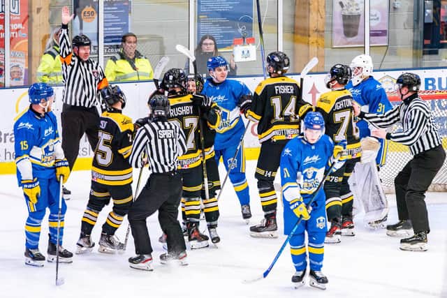 FUTURE PLANS: Leeds Knights 2 players get into a disagreement with their opponents during the home win over Nottingham Lions. Picture: Kev Bland/Knights Media.