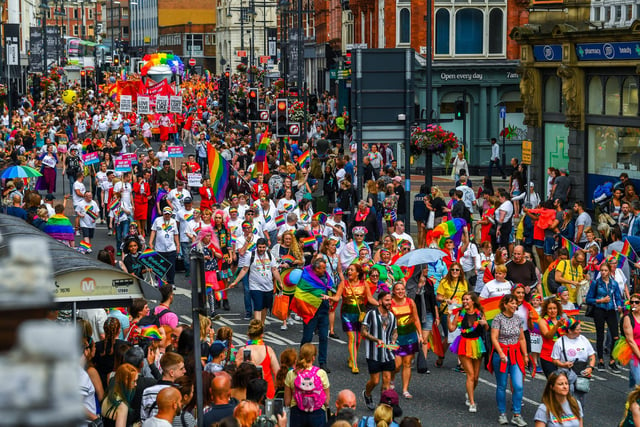 A sea of rainbow colours as the parade heads along Vicar Lane.