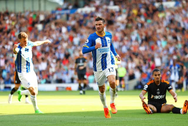 BRIGHTON, ENGLAND - AUGUST 27: Pascal Gross of Brighton & Hove Albion celebrates their sides first goal during the Premier League match between Brighton & Hove Albion and Leeds United at American Express Community Stadium on August 27, 2022 in Brighton, England. (Photo by Bryn Lennon/Getty Images)