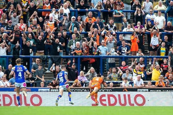 Jake Mamo scored Tigers' try agianst Leeds. but YEP Juror Iain Sharp wasn't impressed with his celebration. Picture by Bruce Rollinson/SWpix.com.