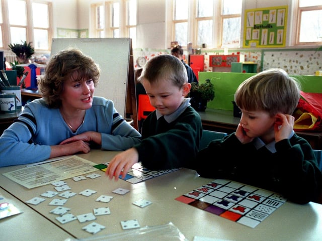 Parent governor Mrs Debbie Burtoyne taking part in the maths games with her son Jack, right, and Dale Campling at Lower Wortley Primary in March 1998.