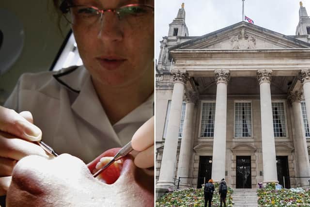 A patient undergoes dental treatment, left, and, right, Leeds Civic Hall, where the meeting took place that heard about astonishing waiting lists in Leeds for dental treatment.