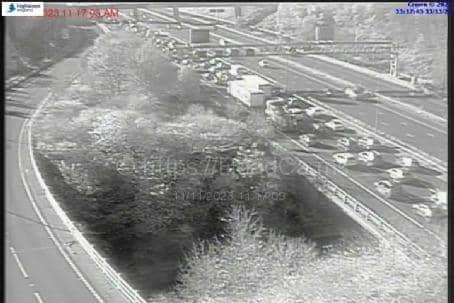 There are severe delays on the westbound carriageway backing up to Birstall/the M621 for Leeds (Photo by motorwaycameras.co.uk)