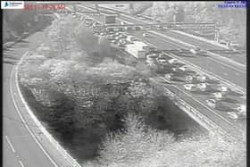 There are severe delays on the westbound carriageway backing up to Birstall/the M621 for Leeds (Photo by motorwaycameras.co.uk)