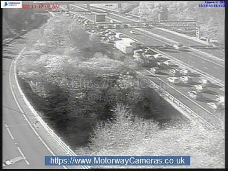 There are severe delays on the westbound carriageway backing up to Birstall/the M621 for Leeds (Photo by motorwaycameras.co.uk)