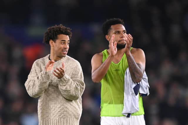 LEEDS, ENGLAND - APRIL 04: Leeds player Weston McKennie and Tyler Adams (l) applaud the fans after the Premier League match between Leeds United and Nottingham Forest at Elland Road on April 04, 2023 in Leeds, England. (Photo by Stu Forster/Getty Images)