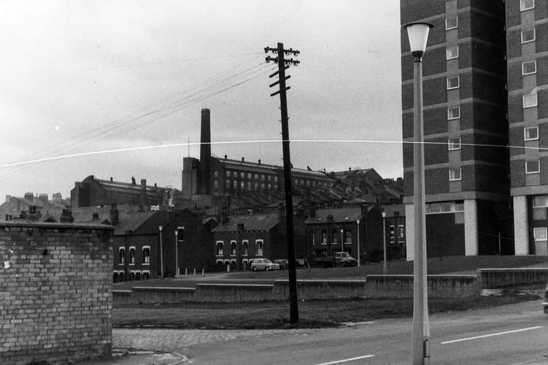 Shay Street in 1970 looking across the North West terraces off North West Road towards Bagby Mill on Servia Hill in the distance. The multi-storey flats of Holborn Towers are on the right.