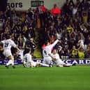 Renaissance Leeds. Players celebrate scoring againstr Troyes in the 2001/02 UEFA Cup (Picture Credit: Gary M Prior /Allsport)