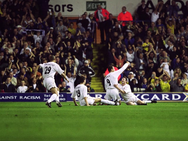 Renaissance Leeds. Players celebrate scoring againstr Troyes in the 2001/02 UEFA Cup (Picture Credit: Gary M Prior /Allsport)