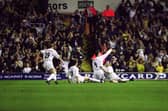 Renaissance Leeds. Players celebrate scoring againstr Troyes in the 2001/02 UEFA Cup (Picture Credit: Gary M Prior /Allsport)