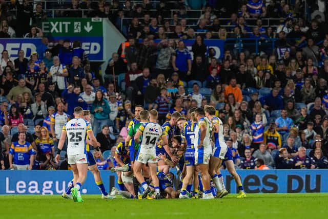 A scuffle breaks out between Leeds Rhinos and Warrington Wolves during their Magic Weekend fixture at Elland Road. Picture by Olly Hassell/SWpix.com.