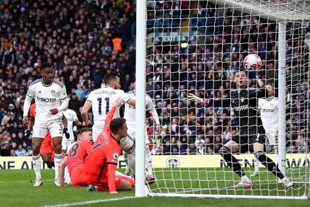 LEARNING CURVE: As Leeds United winger Jack Harrison, centre, nets an unfortunate own goal against Brighton. Photo by George Wood/Getty Images.
