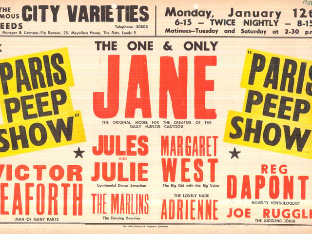 The original model for the creator of the Daily Mirror cartoon, continental dance sensation Jules and Julie as well as the 'lovely nude' Adrienne were on the bill at the City Varieties in January 1959.