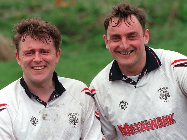 Winning smiles from Duane Percival, and Gary Woolven of Morley Mercantile after they had scored the goals in the 2-0 victory against Horse and Groom in the Leeds Combination League in April 1998.