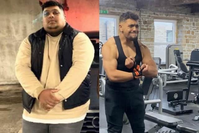 Yaseen Patel - who used to weigh 205kg (32st 4lbs) - signed up for the bout and completed the gruelling training regime to improve his fitness and show that 'anyone can do this'. Image: Solent News Agency