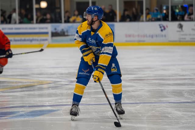 UP AND RUNNING: Leeds Knights' forward Adam Barnes opened his goal account for the season by making it 3-0 against Peterborough Phantoms on Saturday night at Elland Road Ice Arena. Picture courtesy of Oliver Portamento.