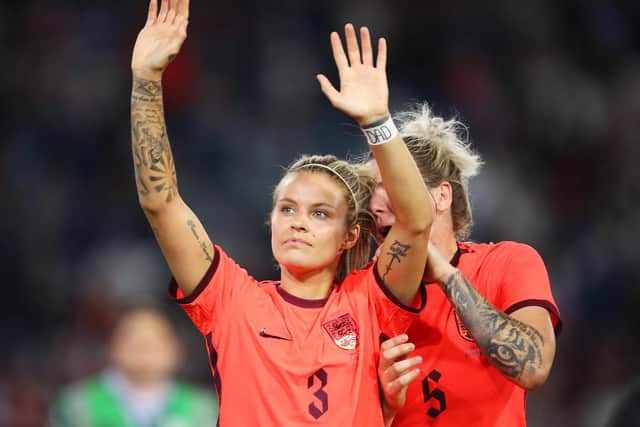 LEEDS, ENGLAND - JUNE 24: Rachel Daly and Millie Bright of England applauds their fans after the final whistle of the Women's International friendly match between England and Netherlands at Elland Road on June 24, 2022 in Leeds, United Kingdom. (Photo by George Wood/Getty Images)